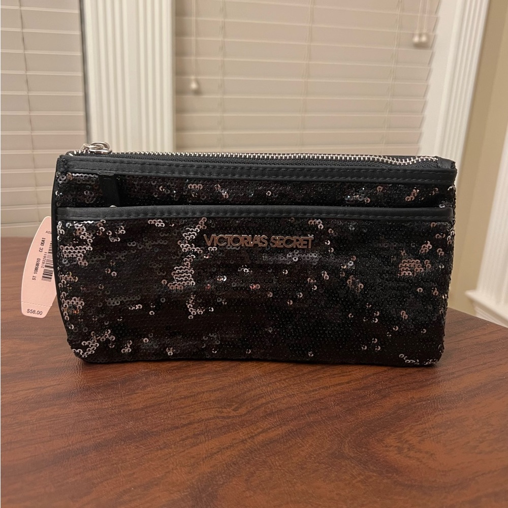 Victoria’s Secret Black Silver Sequin Zipper Pouch Makeup Cosmetic Bag Clutch
